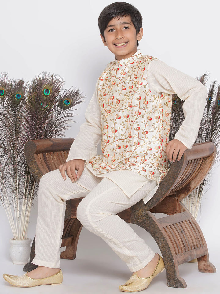 Banarsi Red Tulip Embroidery Jacket with Cotton Kantha kurta and Kantha Pyjama - Little Bansi