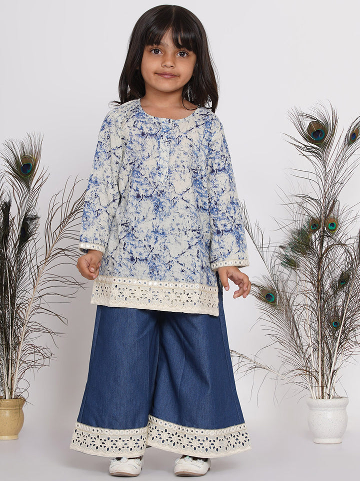 Girls Denim Jacket and Kurta with Patchwork Plazzo - Denim Blue - Little Bansi