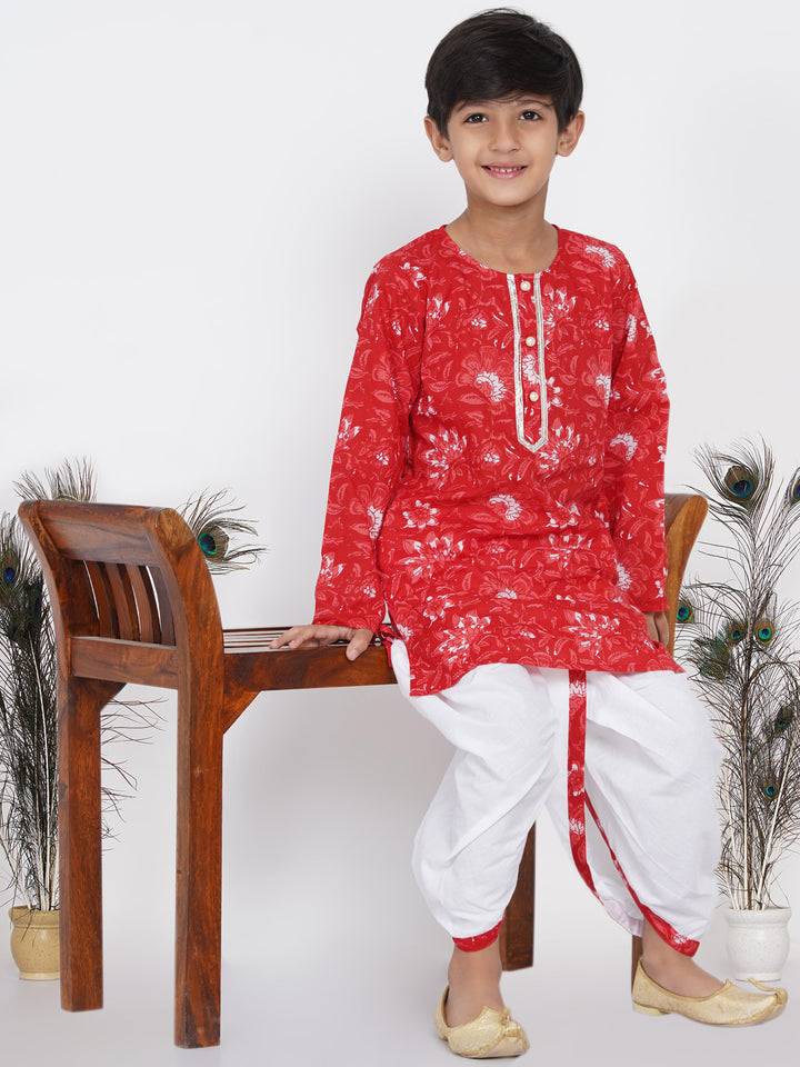 Boys Floral Kurta with Pearl Buttons and Dhoti in Red and White - Little Bansi