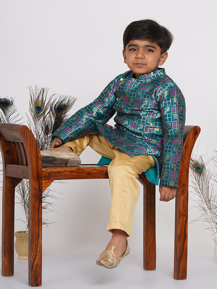 Boys Peacock Banarsi Sherwani with Pyjama - Peacock Green and Beige - Little Bansi