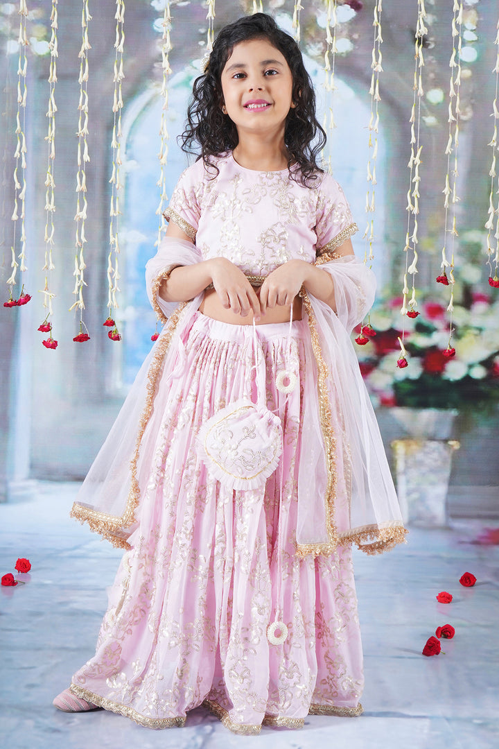 Girls Baby Pink Floral Irish Thread and Sequin work Lehenga with Blouse and Duppata with Matching Potli and Hand made tussel - Little Bansi