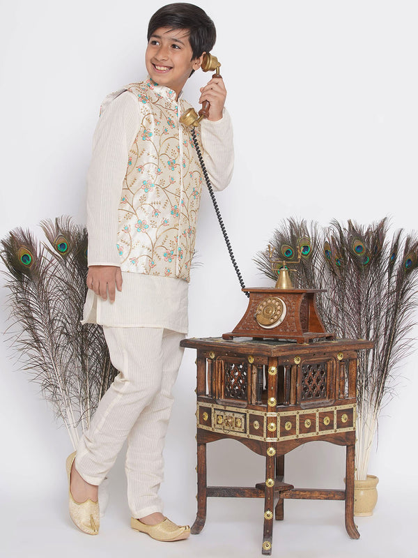 Boys Floral Embroidery Jacket with Cotton Kantha kurta and Kantha Pyjama - Little Bansi