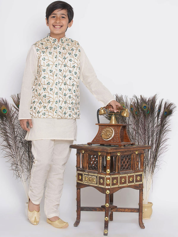 Silk Blue Floral Embroidery Jacket with Cotton Kantha kurta and Kantha Pyjama - Little Bansi