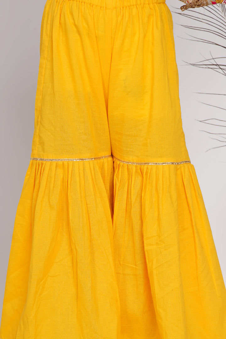 Girls Floral & Bead Embroidery work Kurta Frock with Sharara & Dupatta in Yellow - Little Bansi