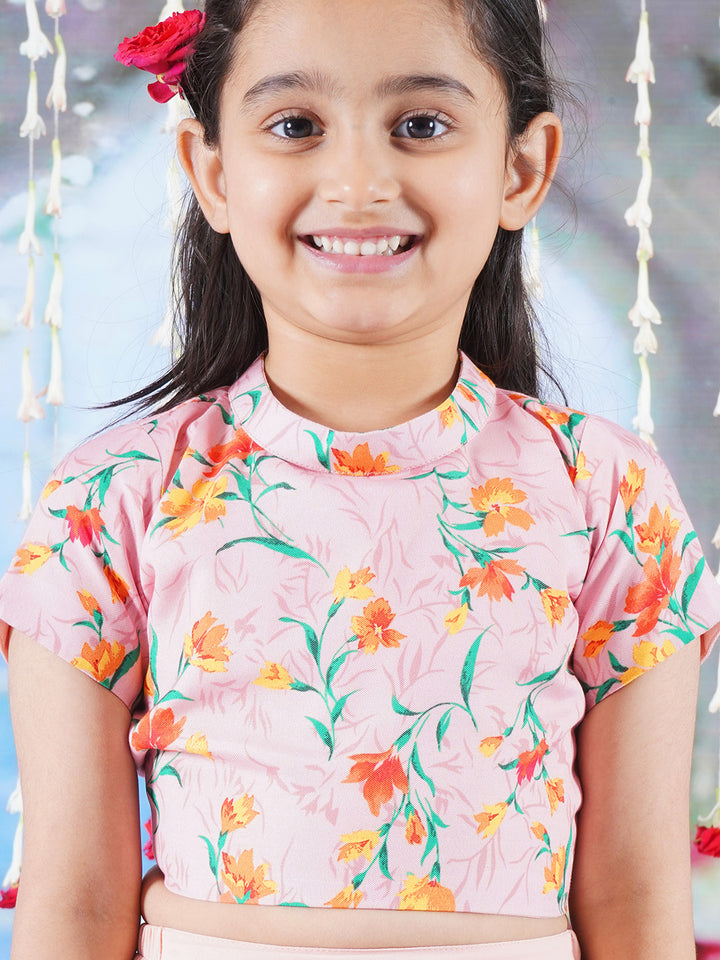 Girls Cotton Short Sleeves Ready to wear Blouse with Floral Print and Ready to wear Georgette Saree - Peach - Little Bansi