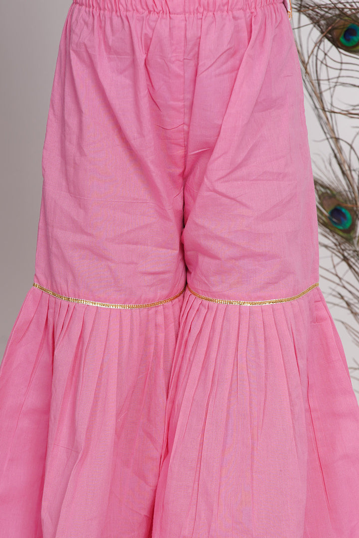 Girls Bengali Embroidery Lacework Kurta with Sharara & Dupatta in White & Pink - Little Bansi