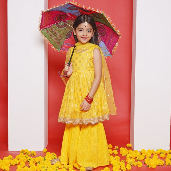 Banarsi Floral Frock Style Kurta with Gold Strip Sharara & Dupatta -Haldi Yellow