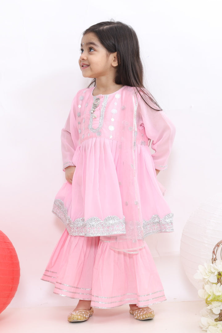 Pink Embroidery Kurta Set with Sharara - Little Bansi