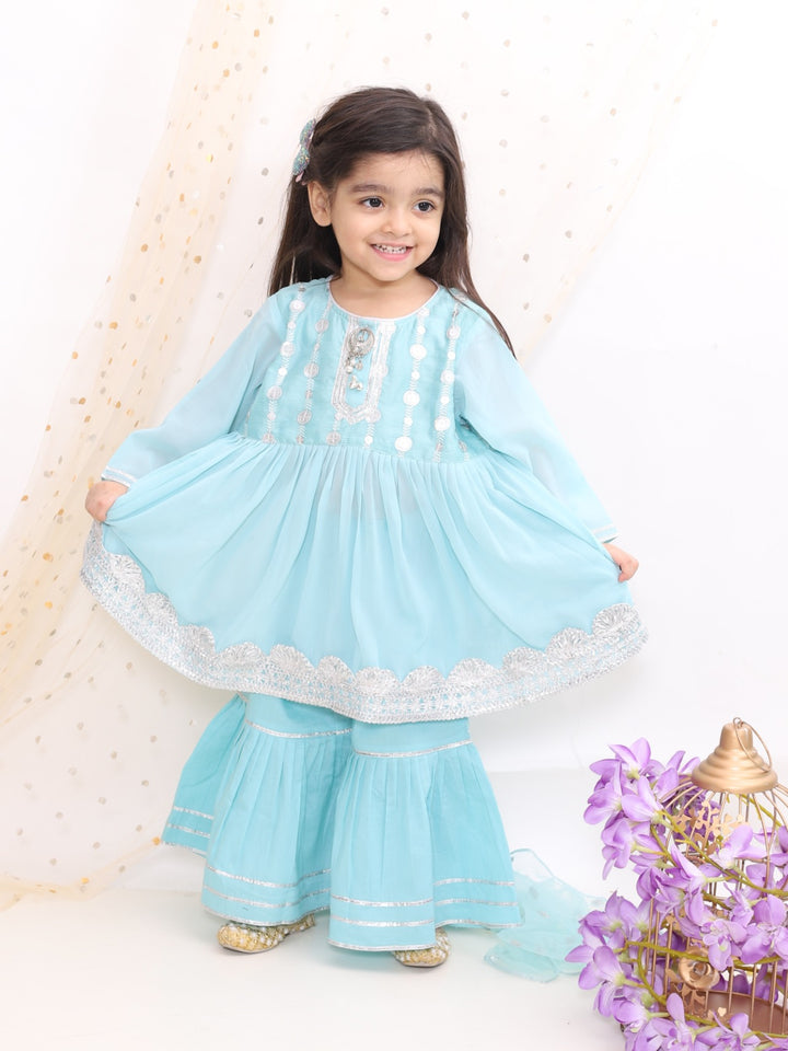 Blue Embroidery Kurta Set with Sharara - Little Bansi