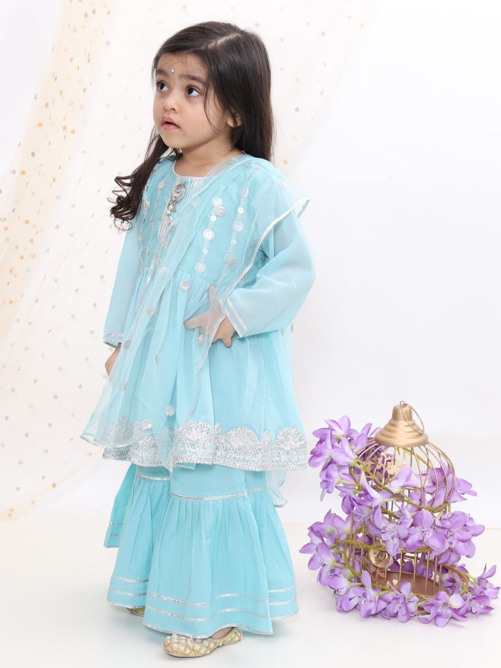 Blue Embroidery Kurta Set with Sharara - Little Bansi