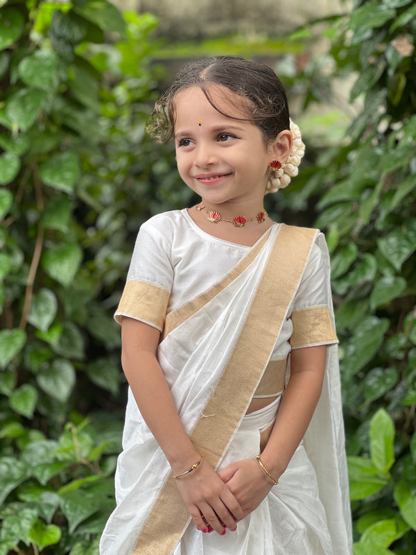 Girls Cream Chanderi Silk South Indian Saree Set with Stitched Blouse