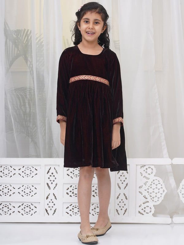Girls Velvet Three Fourth Sleeves Christmas Winter Frock with Modern Lace work - Mahroon