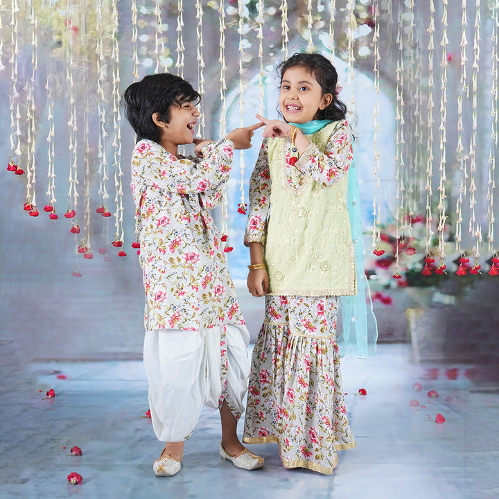 Girls Cotton Full Sleeves Kurta Sharara and Dupatta with Garden Rose Print, Floral Embroidery, Lace & Floral Work - Antique Green - Little Bansi