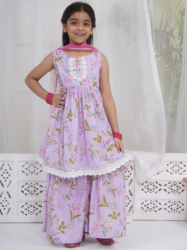 Girls Lavender Muslin Garden Tulip Lacework Kurta Sharara Set with Dupatta