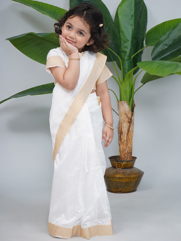 Girls Kerala Cream Chanderi Silk Onam Saree Set with Golden Zari & South Indian Blouse