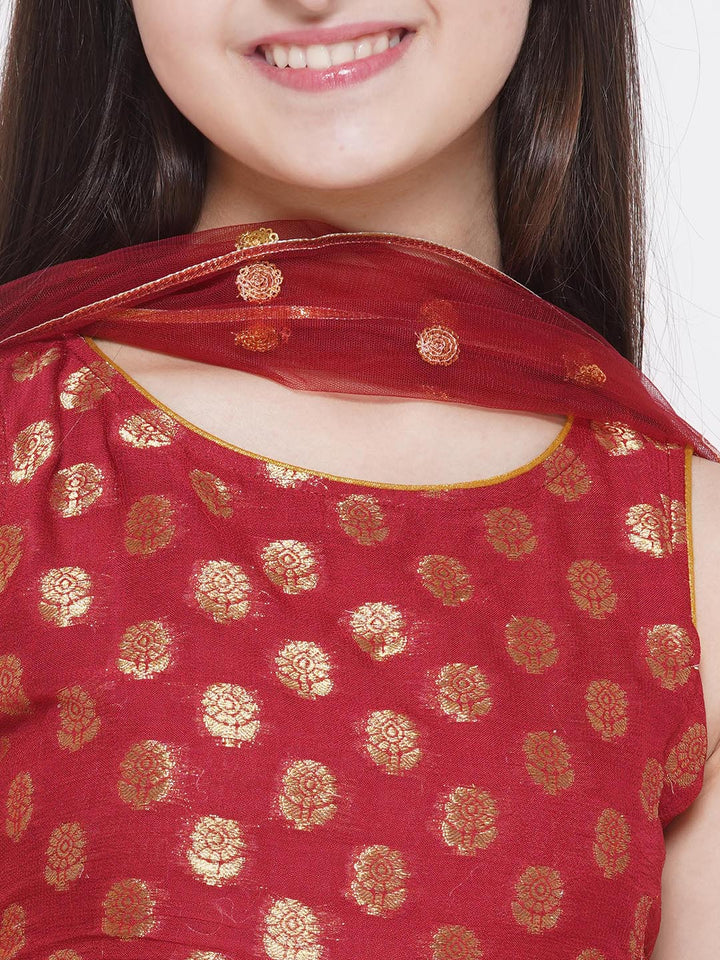 Banarsi Floral Frock Style Kurta with Gold Strip Sharara & Dupatta - Maroon - Little Bansi