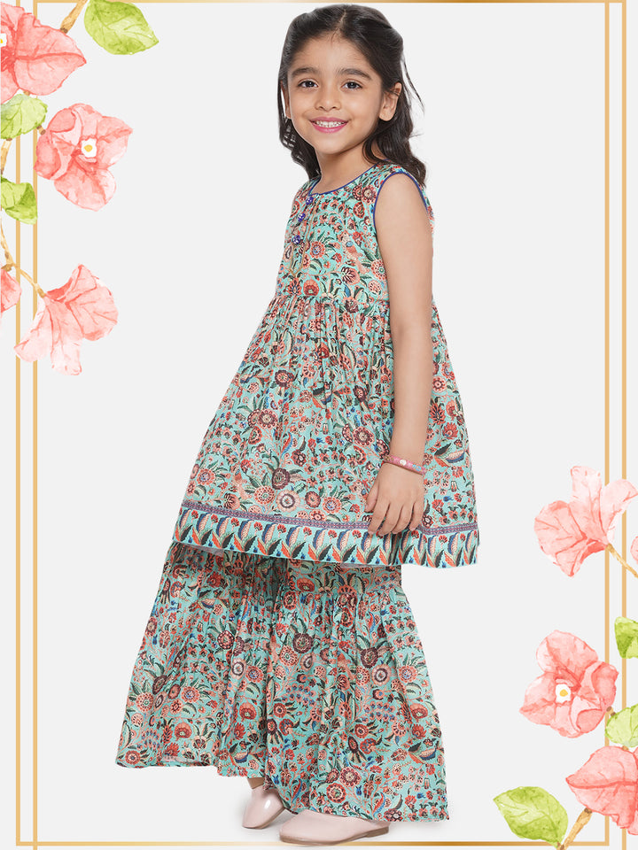 Floral Kurta with Ghera wala Sharara and Dupatta - Green - Little Bansi