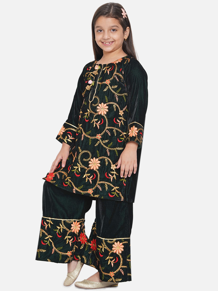 Girls Floral Embrodiery Velvet Kurta Plazzo in Mehendi Green - Little Bansi