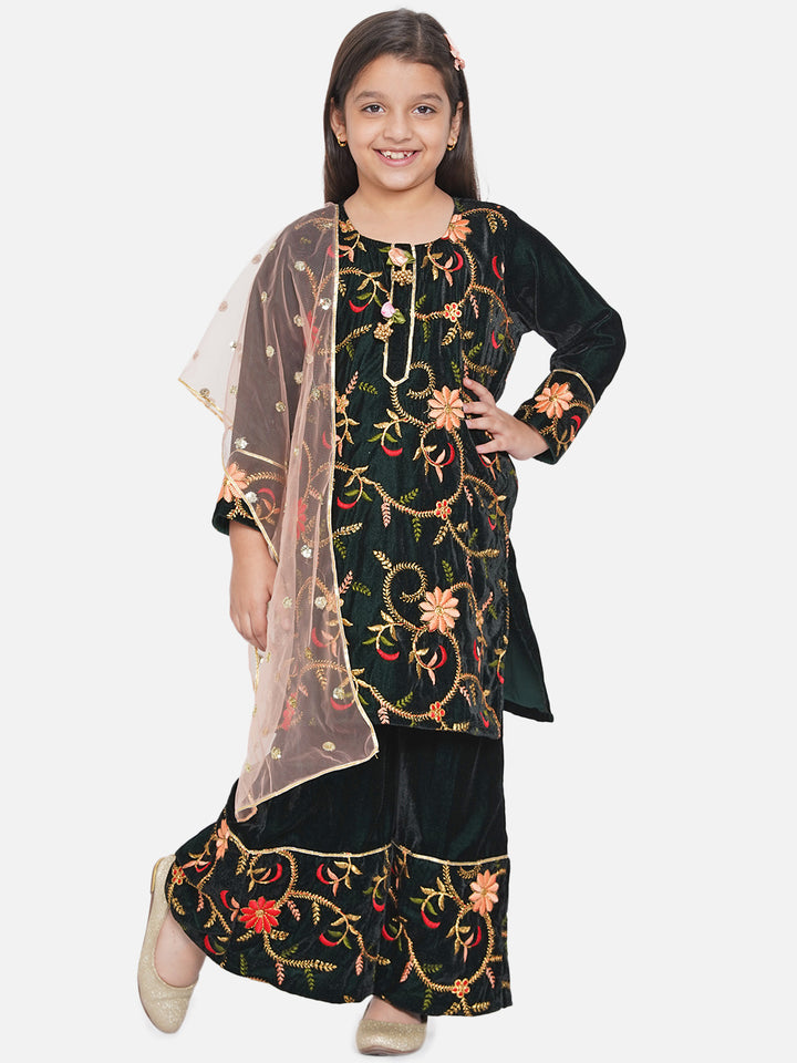 Girls Floral Embrodiery Velvet Kurta Plazzo in Mehendi Green - Little Bansi