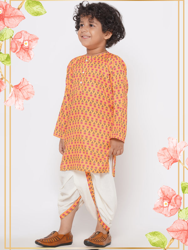 Jaipuri Floral Print Pure Kurta with Dhoti - Yellow - Little Bansi