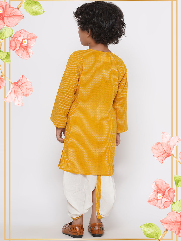 Thread Work Kurta with Pearl buttons & Dhoti - Mustard Yellow - Little Bansi