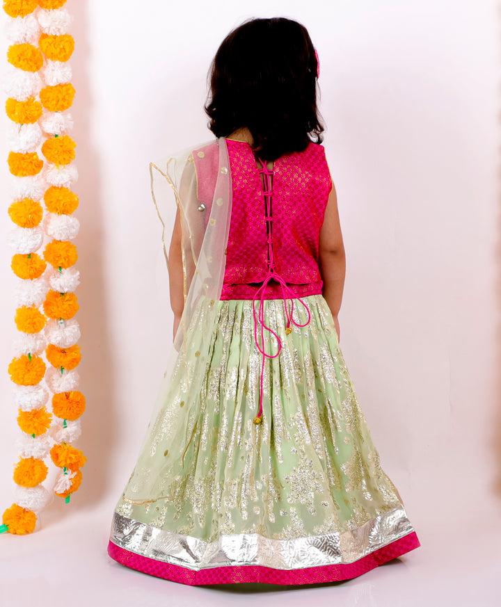 Girls Sleeveless Silk Banarsi Golden Work Lehenga & Dupatta - Rani and Green - Little Bansi