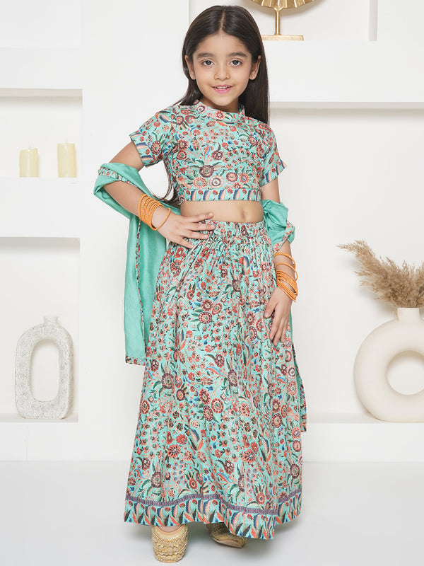 Girls Floral print Blouse and Floral Lehenga with Dupatta - Green - Little Bansi