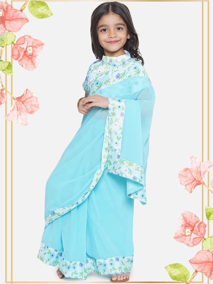 Floral Bush print Blouse with Ready to Wear Blue Saree - Little Bansi