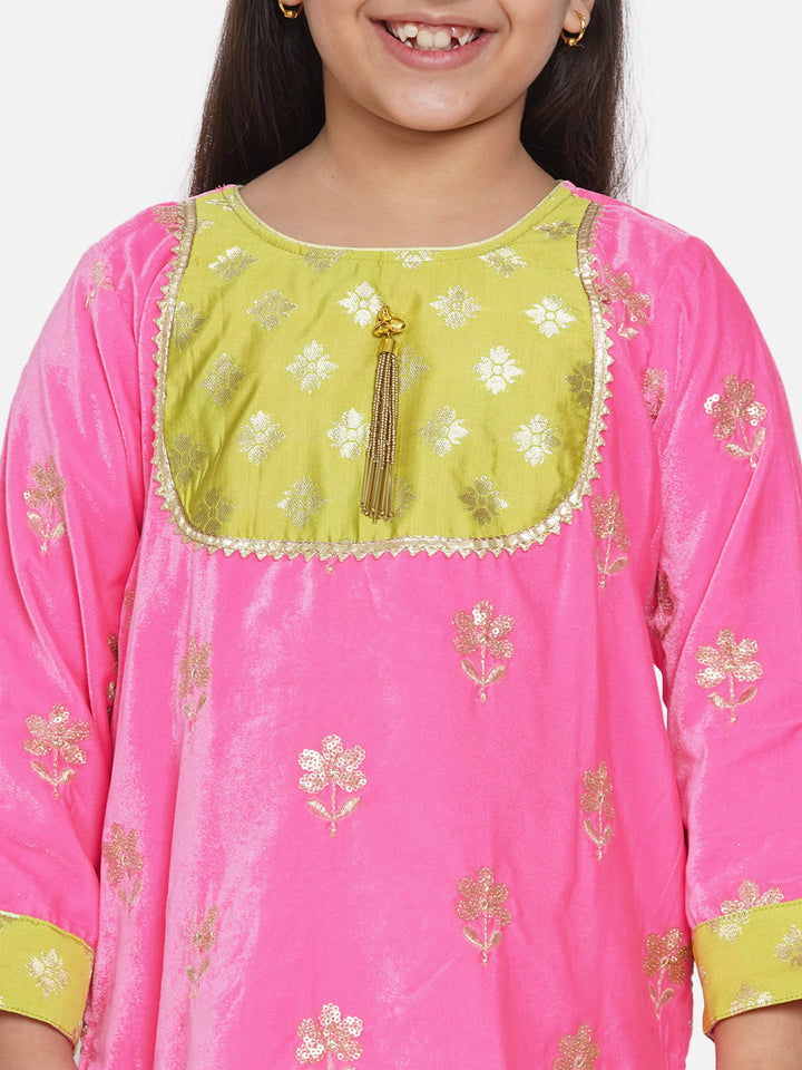 Girls Velvet Kurta in Pink with Yellow sharara - Little Bansi