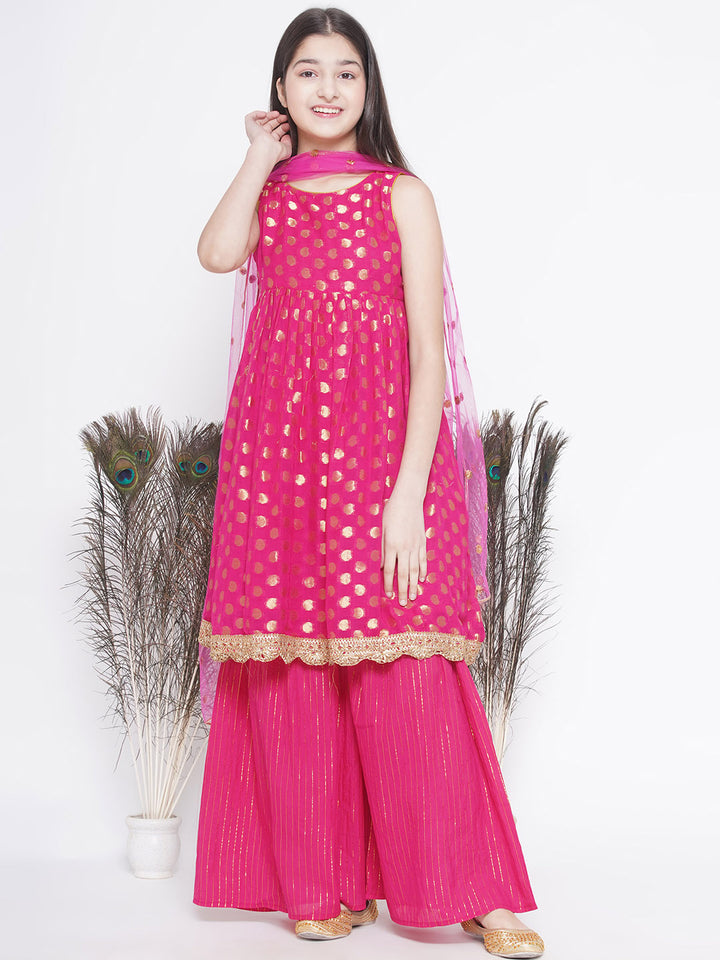 Banarsi Floral Frock Style Kurta with Gold Strip Sharara & Dupatta - Hot Pink - Little Bansi