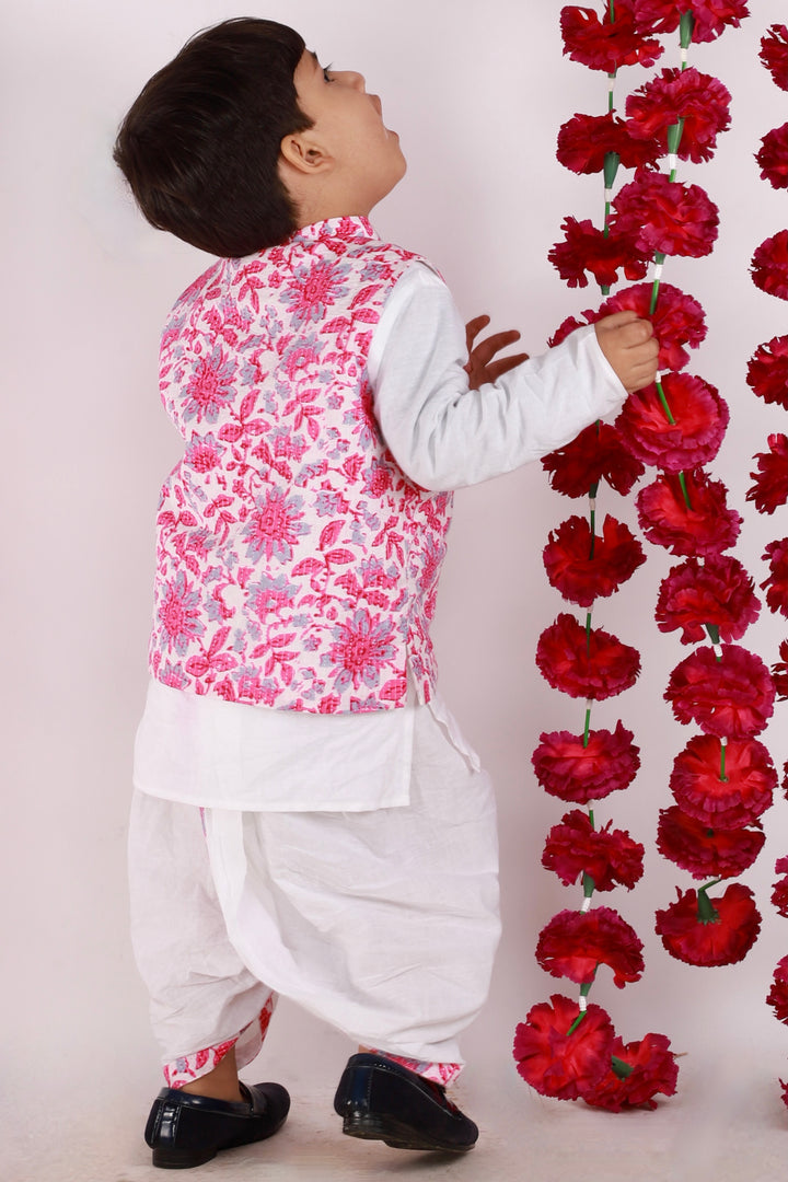 Boys Floral Jacket with White Kurta & Dhoti in Pink & White - Little Bansi