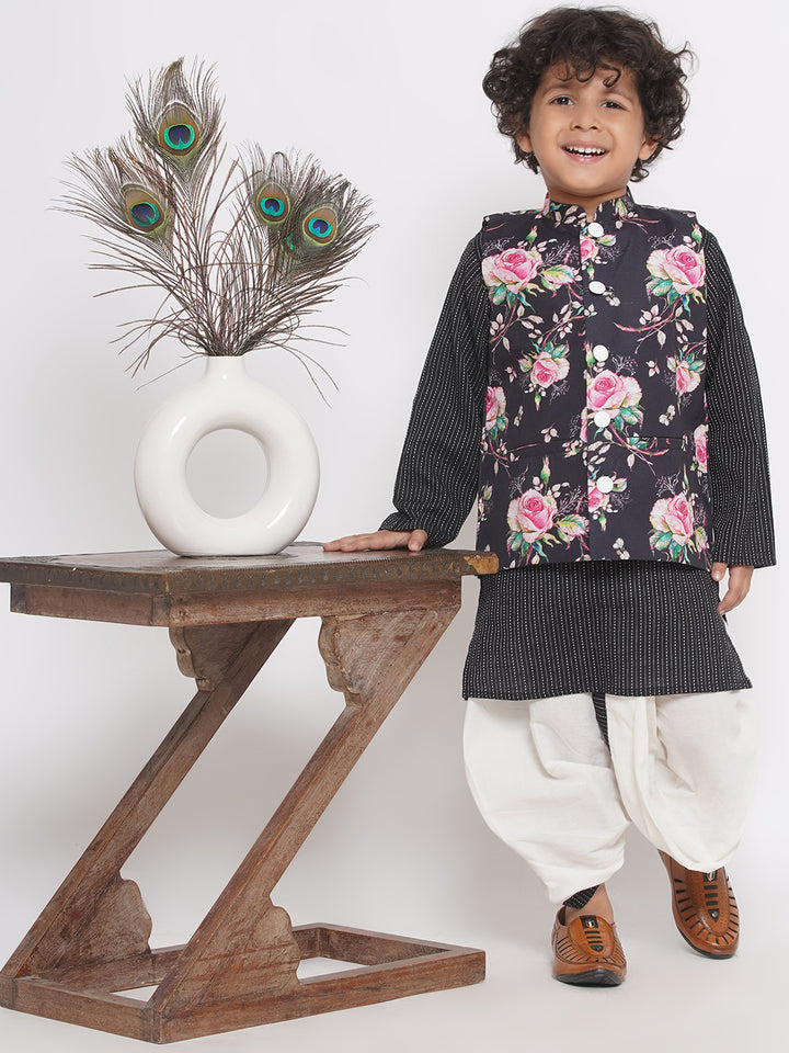 Thread work Kurta with Rose Jacket and Dhoti - Black - Little Bansi