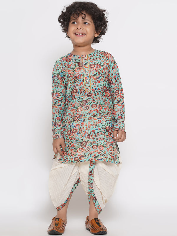 Boys Floral Print Kurta with Pearl Button & Thread work Dhoti - Green & Cream - Little Bansi