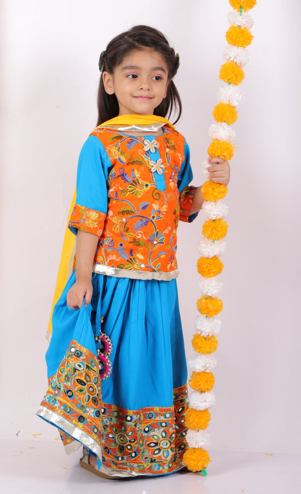 Girls Floral Embroidery Kurta with Mirror Work Lehenga & Dupatta - Orange & Blue - Little Bansi