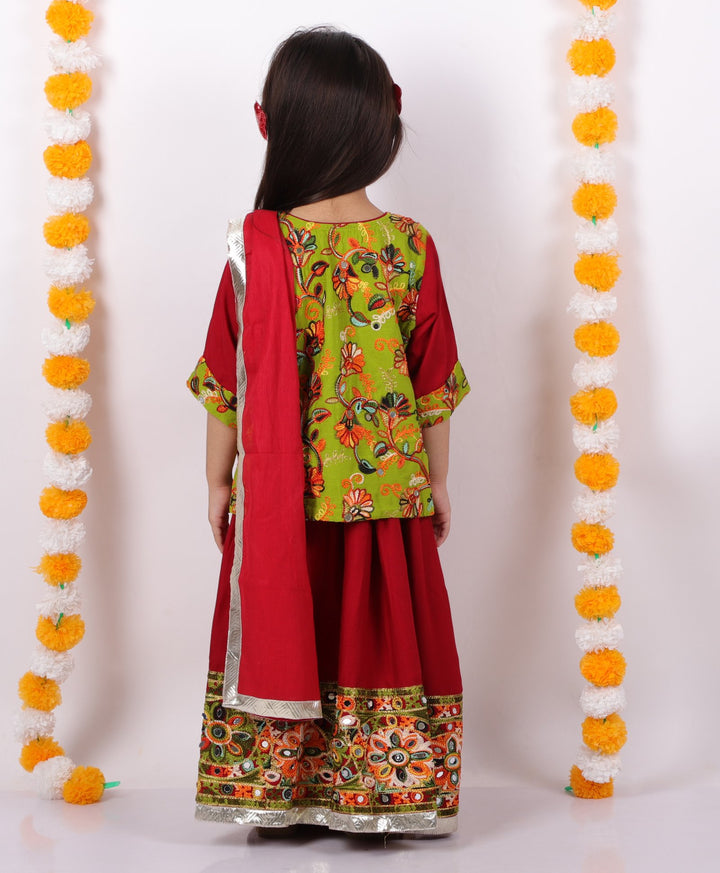 Girls Floral Embroidery Kurta with Mirror Work Lehenga and Dupatta - Maroon - Little Bansi