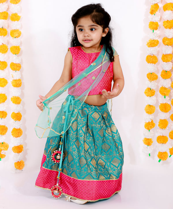 Girls Sleeveless Silk Banarsi Kurta with Pleated Lehenga & Duppata - Pink & Blue - Little Bansi