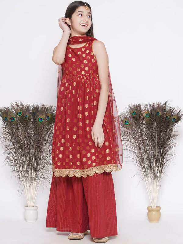Banarsi Floral Frock Style Kurta with Gold Strip Sharara & Dupatta - Maroon - Little Bansi