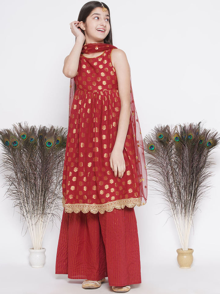 Banarsi Floral Frock Style Kurta with Gold Strip Sharara & Dupatta - Maroon - Little Bansi