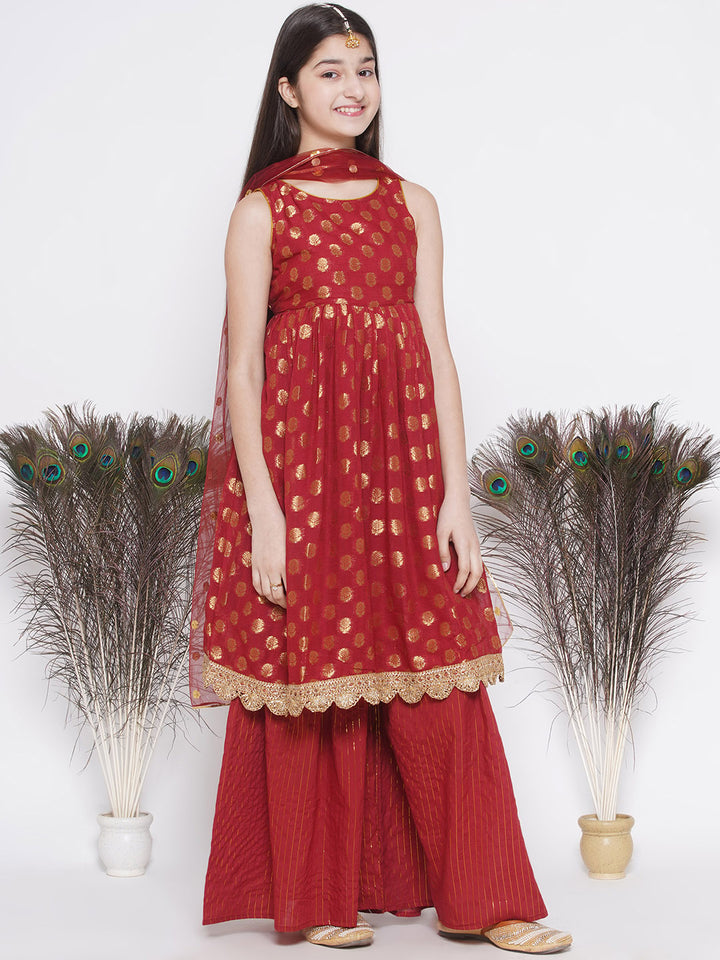 Banarsi Floral Frock Style Kurta with Gold Strip Sharara & Dupatta - Maroon - Little Bansi