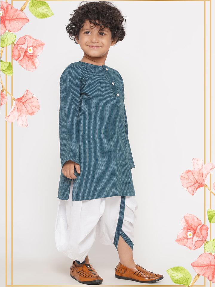 Thread Work Kurta with Pearl buttons & Dhoti - Teal Green - Little Bansi