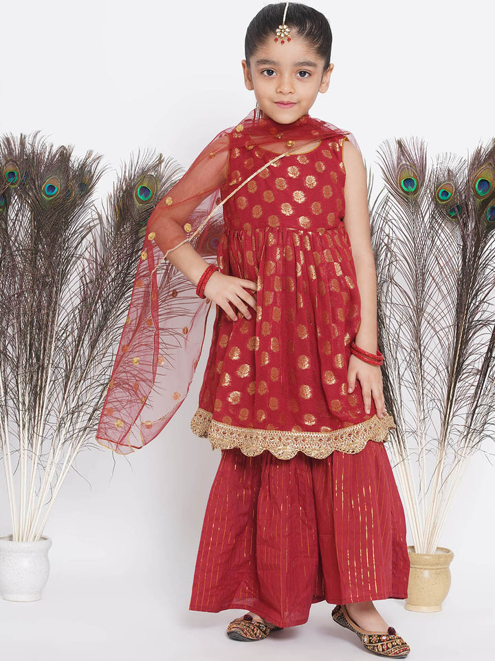 Banarsi Floral Frock Style Kurta with Gold Strip Sharara & Dupatta - Maroon - Little Bansi