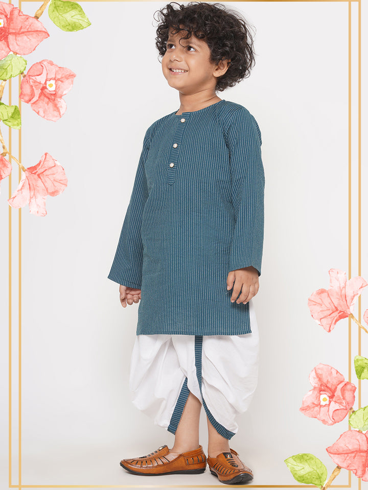 Thread Work Kurta with Pearl buttons & Dhoti - Teal Green - Little Bansi