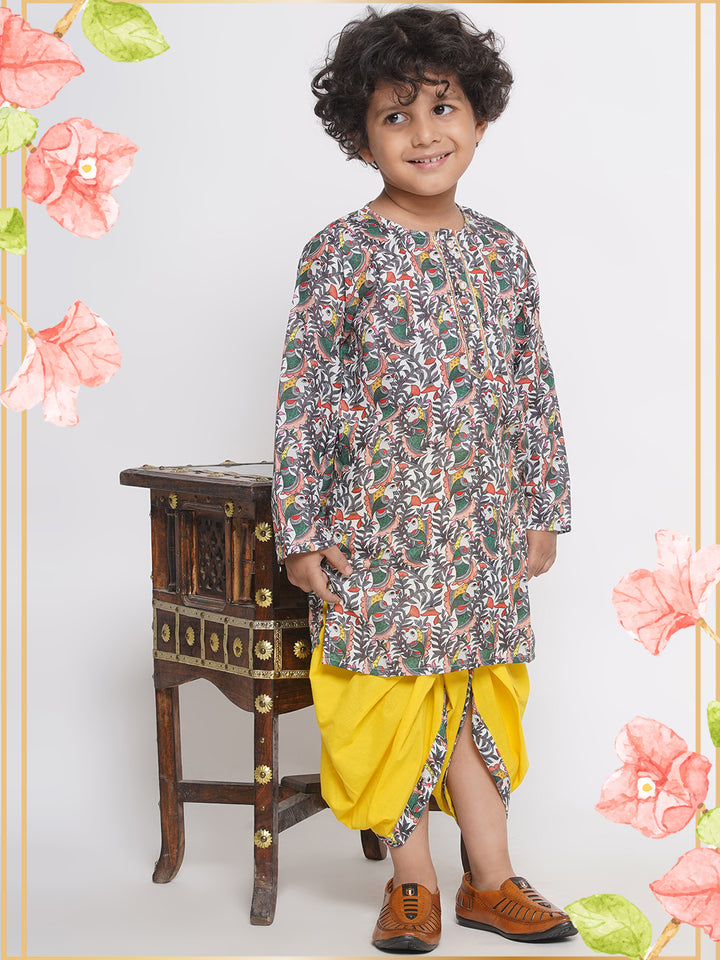 Jaipuri Bird Print Kurta with Dhoti - Peach and Yellow - Little Bansi