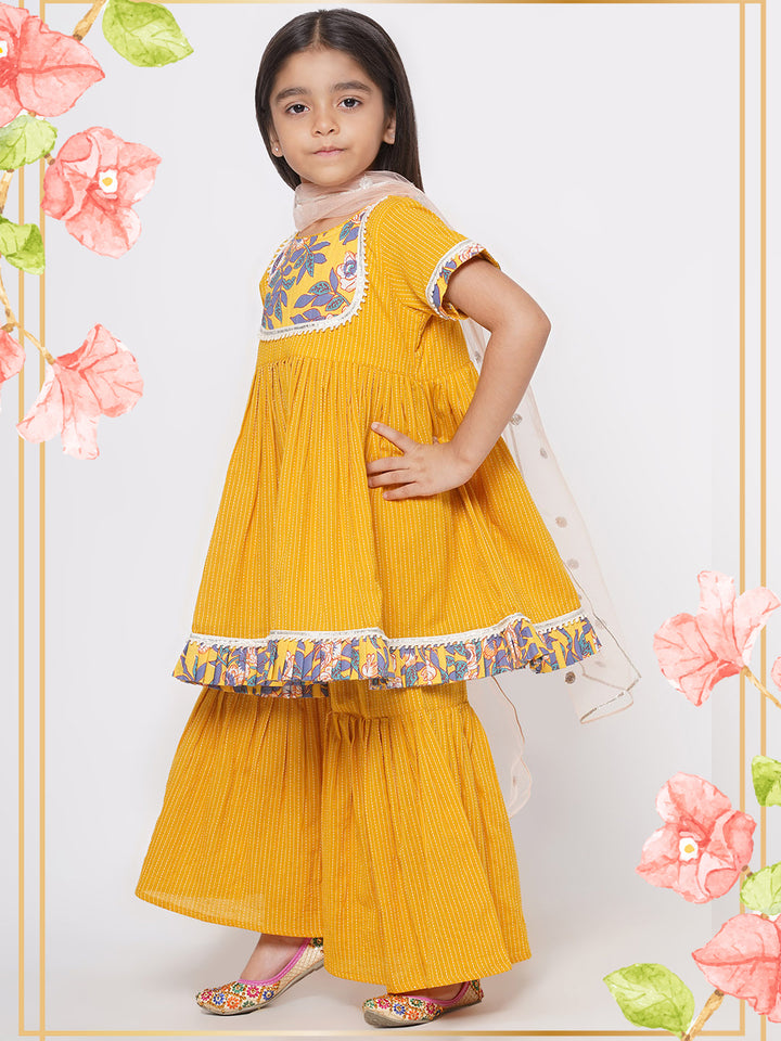 Floral Frock Style Kurta with Lace work & Sharara with Dupatta - Yellow - Little Bansi