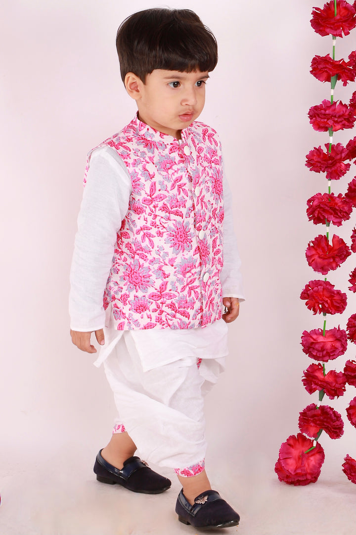 Boys Floral Jacket with White Kurta & Dhoti in Pink & White - Little Bansi