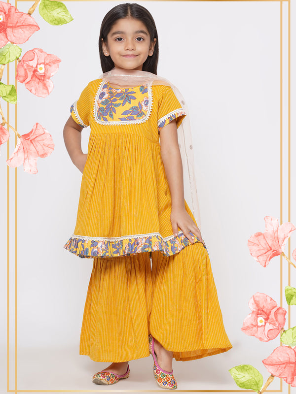 Floral Frock Style Kurta with Lace work & Sharara with Dupatta - Yellow - Little Bansi