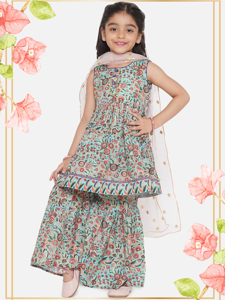 Floral Kurta with Ghera wala Sharara and Dupatta - Green - Little Bansi