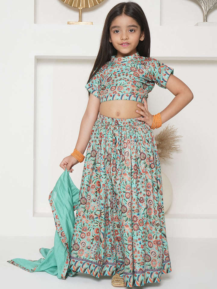 Girls Floral print Blouse and Floral Lehenga with Dupatta - Green - Little Bansi