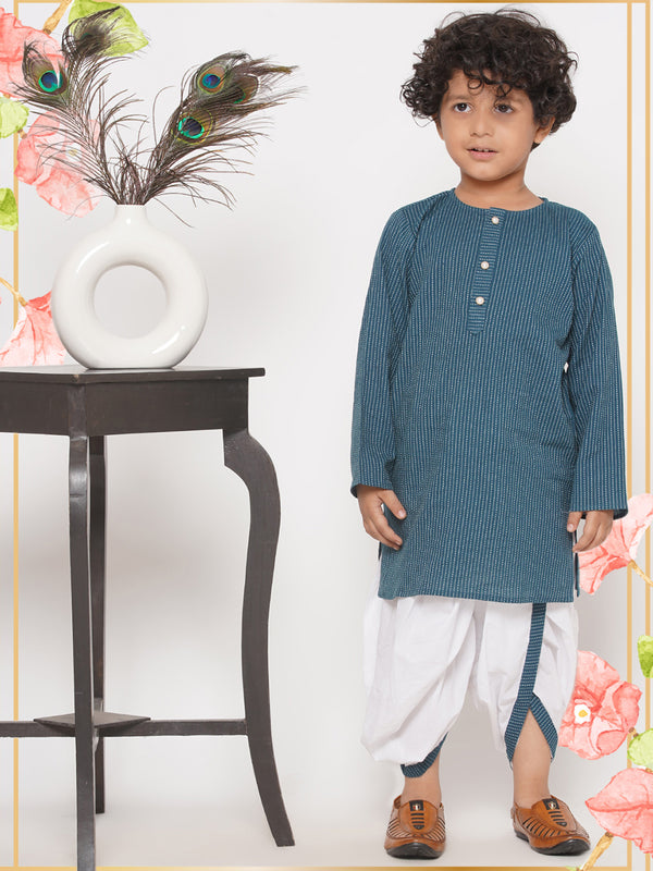 Thread Work Kurta with Pearl buttons & Dhoti - Teal Green - Little Bansi