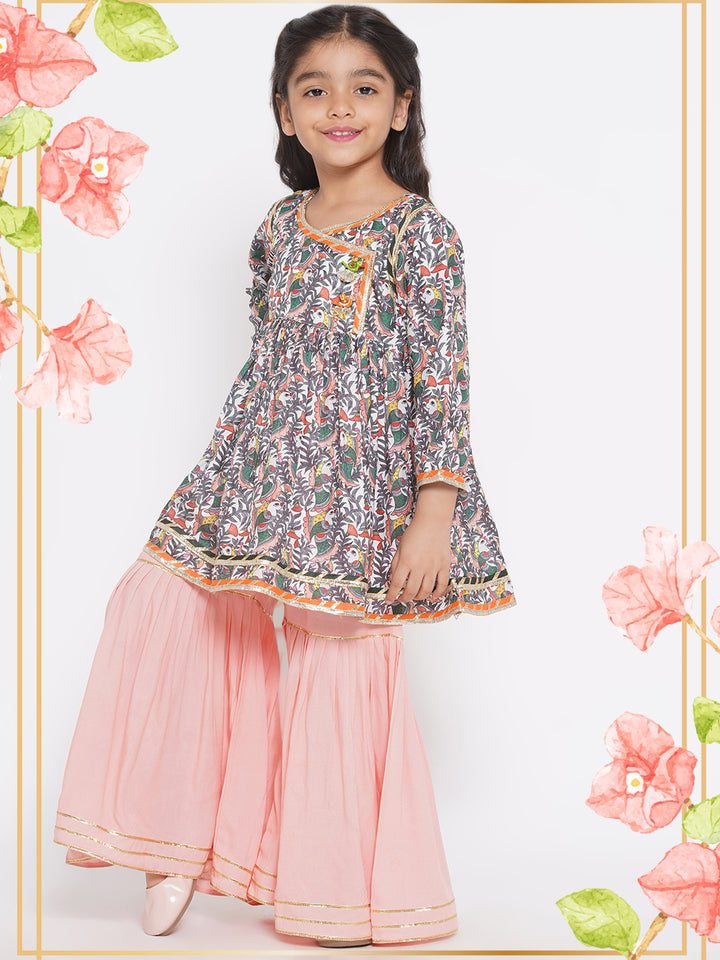 Bird Print Angrakha with Sharara & Dupatta with Ghungroo work - Peach - Little Bansi